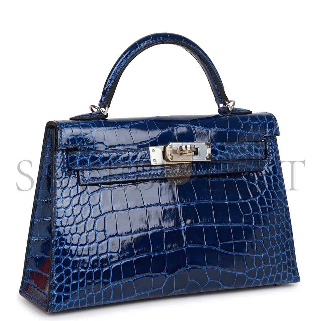 H**mes master mini kelly ii sellier bleu saphir shiny alligator palladium hardware (19*12*5.5cm)